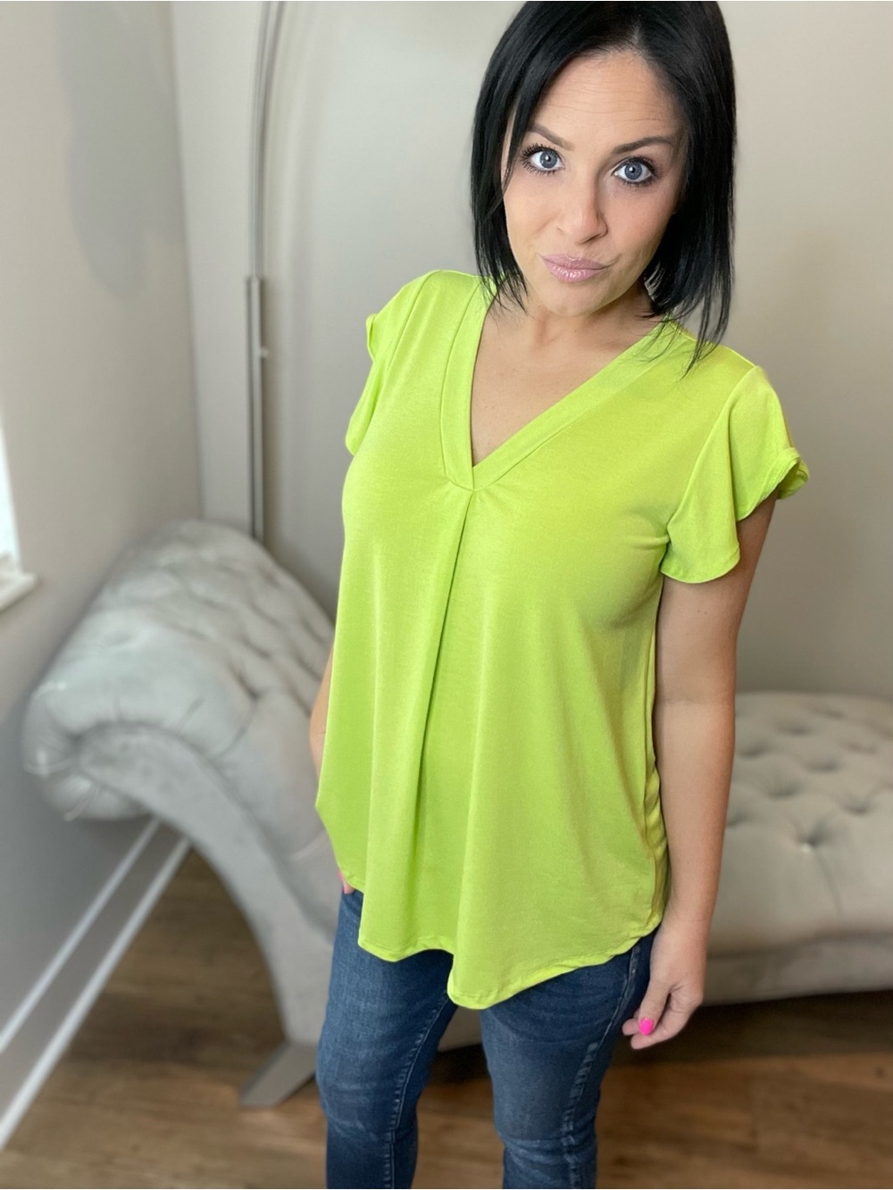 V-Neck Flutter Sleeve Top in Lime Green